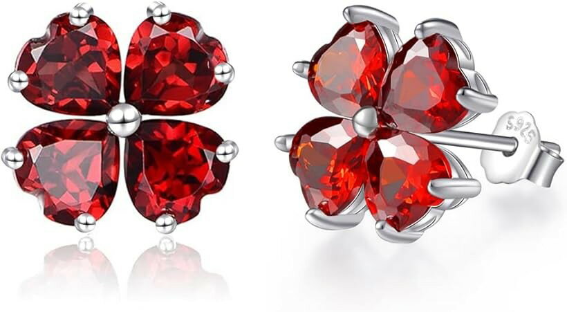 幸運四つ葉のクローバー 女性 6.4ct ガーネット 925純銀製 シルバー ピアス K18コーティング 金属アレルギー対応 (1月 誕生石 ガーネット)