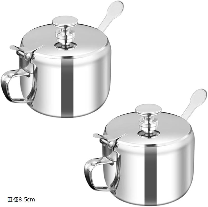 砂糖入れ スパイスジャー 調味料ポット ステンレス 調味料入れ スプーン付き キッチン 調味料ジャー 2個セット (シルバー, 直径8.5cm)