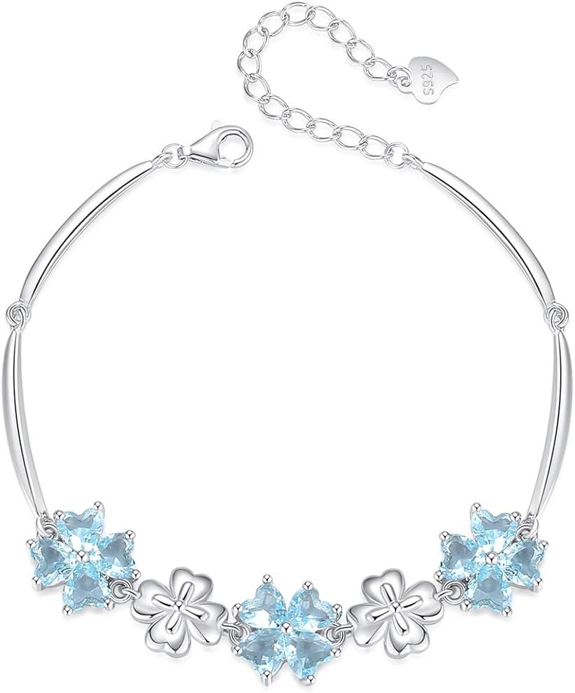 可愛い 人気 ハート女性ブレスレット シルバー925 幸せ 四つ葉 クローバー 3月 誕生石 合成アクアマリン 金属アレルギー対応 (3月 誕生石 合成アクアマリン)