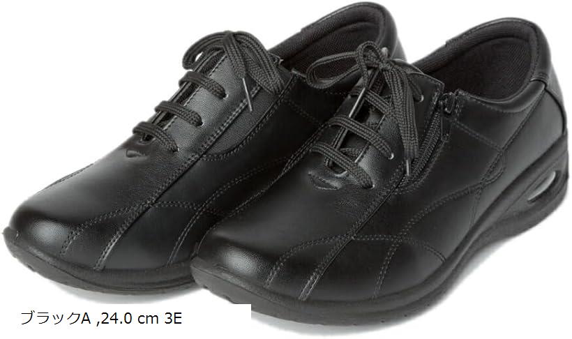 ウォーキングシューズ レディース コンフォートシューズ レザー風 3E レースアップシューズ ファスナー付き 甲高 幅広 厚底 エアークッション 軽い 脱ぎ履き おでかけ 介護シューズ(ブラックA, 24.0 cm 3E)