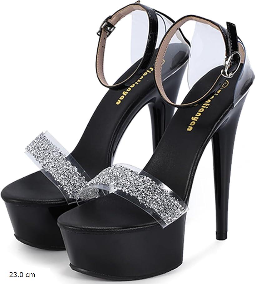 ハイヒール レディース ピンヒール オープントゥ サンダル パンプス キャバヒール キラキラ アンクルストラップ ブラック 23.0 cm (ブラック, 23.0 cm)