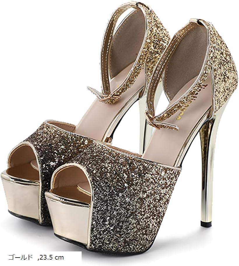 レディース ハイヒール スパンコール アンクルストラップ ピンヒール オープントゥ サンダル パンプス (ゴールド, 23.5 cm)