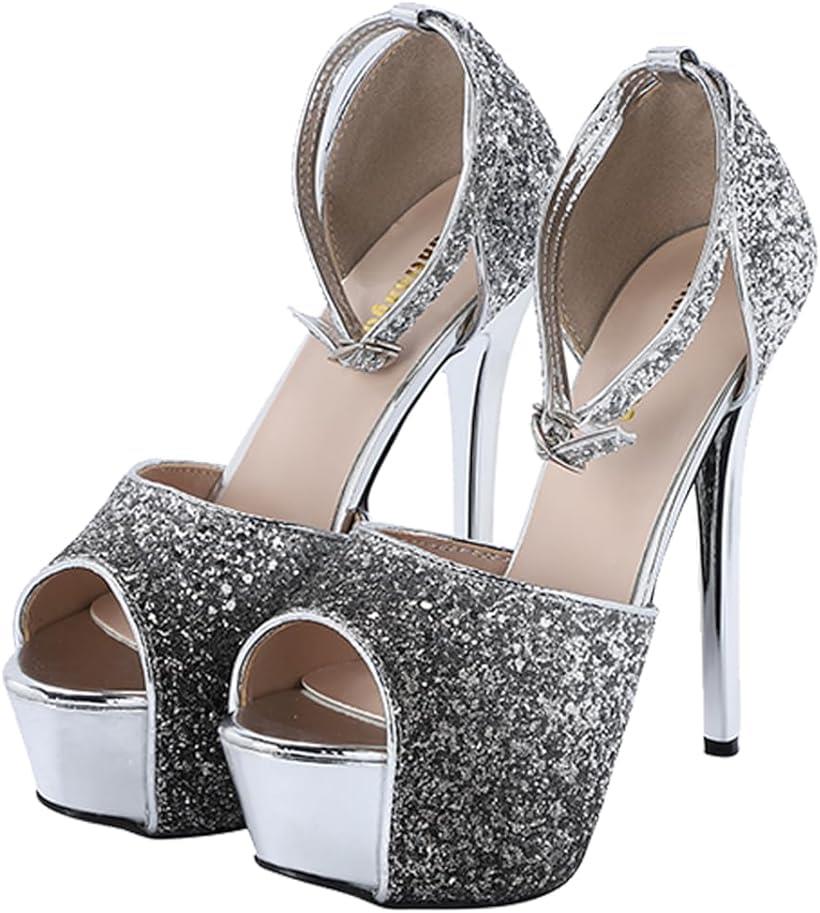 レディース ハイヒール スパンコール アンクルストラップ ピンヒール オープントゥ サンダル パンプス (ブラック, 24.0 cm)