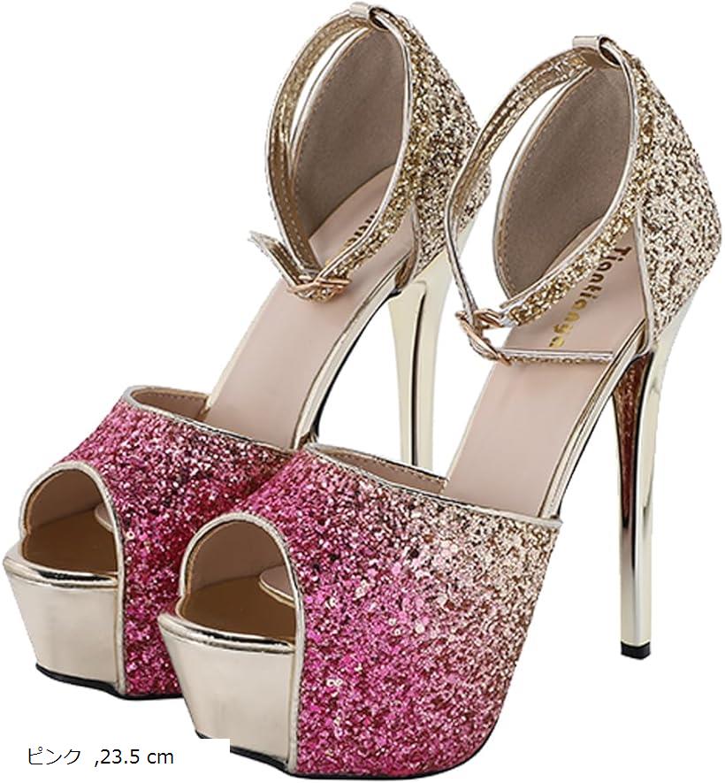 レディース ハイヒール スパンコール アンクルストラップ ピンヒール オープントゥ サンダル パンプス (ピンク, 23.5 cm)