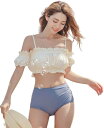 水着 ビキニ レディース オフショル ハイウエスト ワイヤー入り パッド入り(ベージュ,パープルブルー, L)(4)