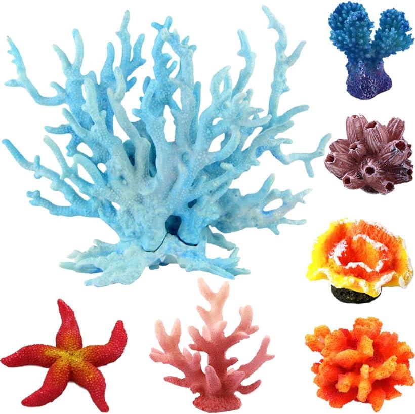 人工珊瑚 アクアリウム オブジェ サンゴ礁 水槽用品( ブルー＋6個セット)
