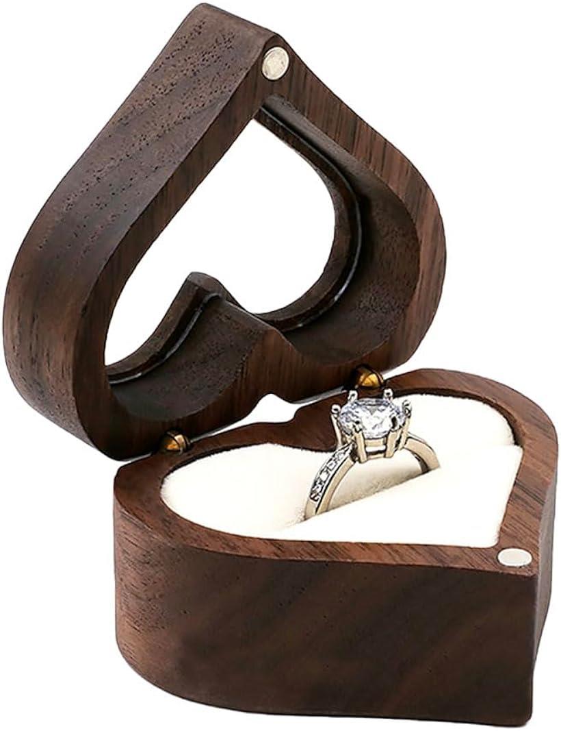 木製 ハート型リングケース クリア窓付きミニジュエリーボックス 指輪収納 プロポーズ( ホワイト)
