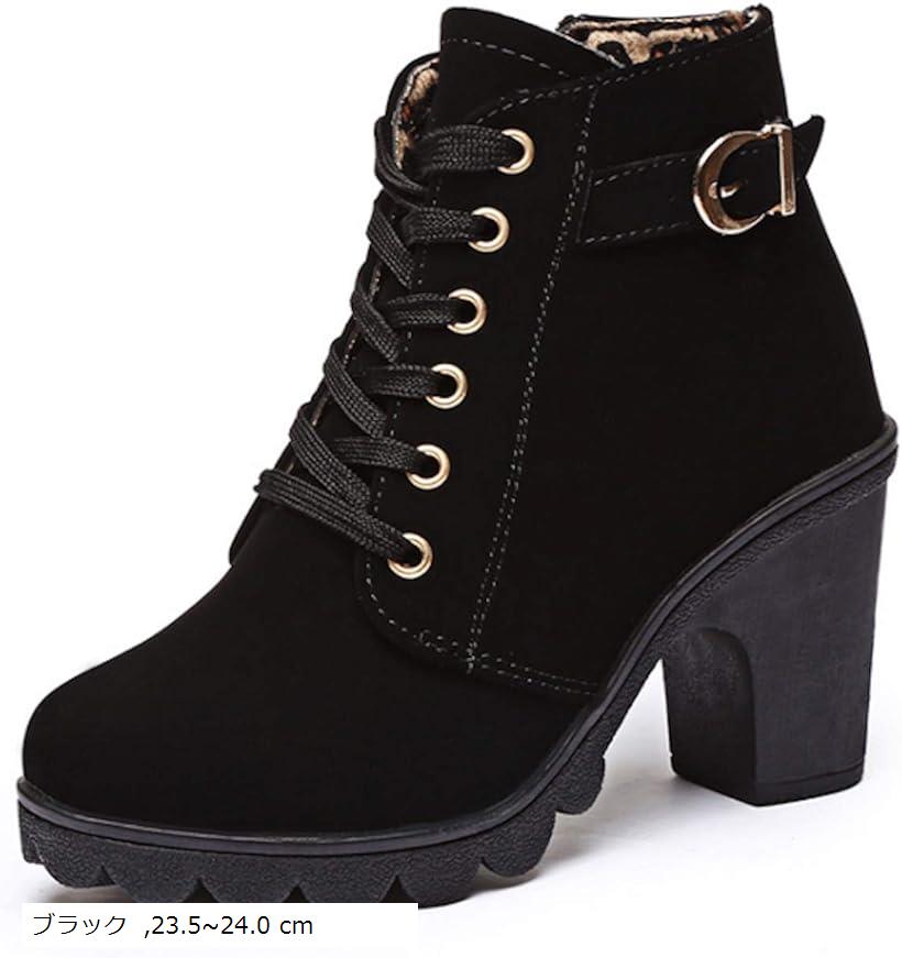 厚底 ショート ブーツ レディース チャンキー ヒール 靴 レースアップ ブーティー 編み上げ ショートブーツ 23.5～24.0cm ブラック (ブラック, 23.5～24.0 cm)