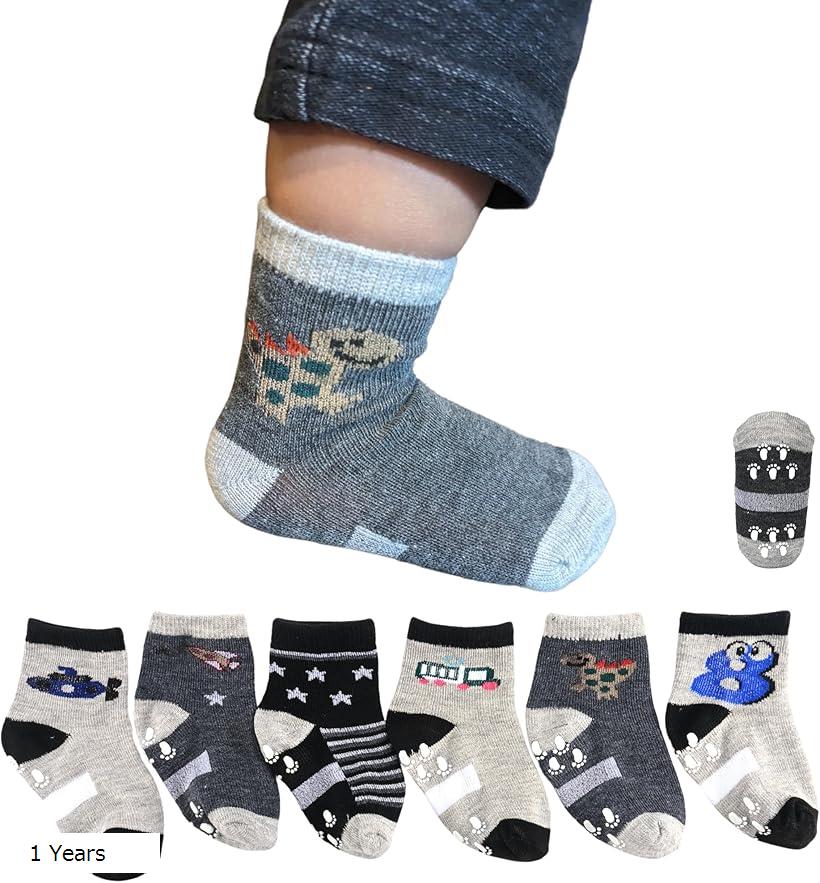 Asway STERLInG キッズ すべらーず靴下 男の子 滑り止め付 6足組 名前記入欄付 安心設計 1～2歳(Type 2, 1 Years)