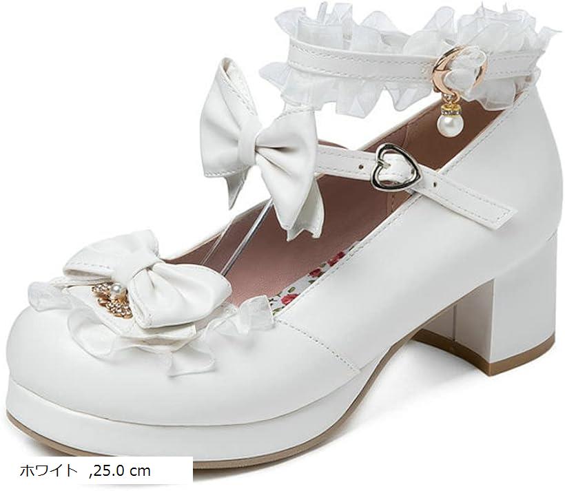 ぴゅありぼん 大きいサイズ リボン付き 厚底 ロリータ パンプス ボウストラップ ロリータ靴 ホワイト 2..