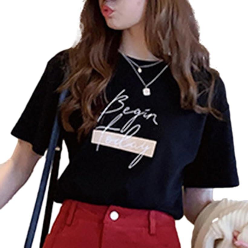 tシャツ レディース 半袖 ロゴ デザイン カットソー ルーム ウエア 通勤 通学 かわいい おしゃれ かっこいい トップス( ブラック, L)