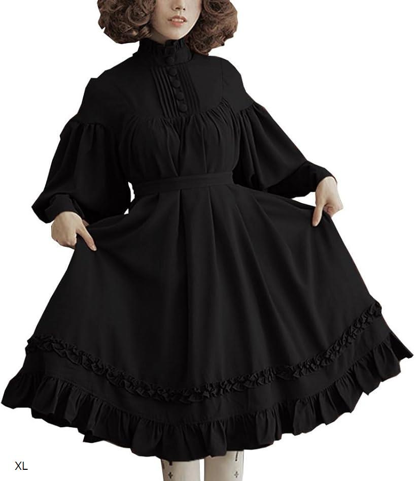 ロリータ ワンピース フリル ドレス 長袖 バルーン袖 メイド服 コスプレ イベント パーティー レディース XL (ブラック, XL)