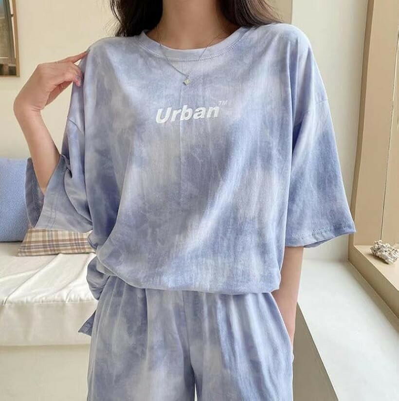 リラックスウェア タイダイ柄 短パン ルームウェア 上下セット レディース ブルー(タイダイ柄ブルー, M)