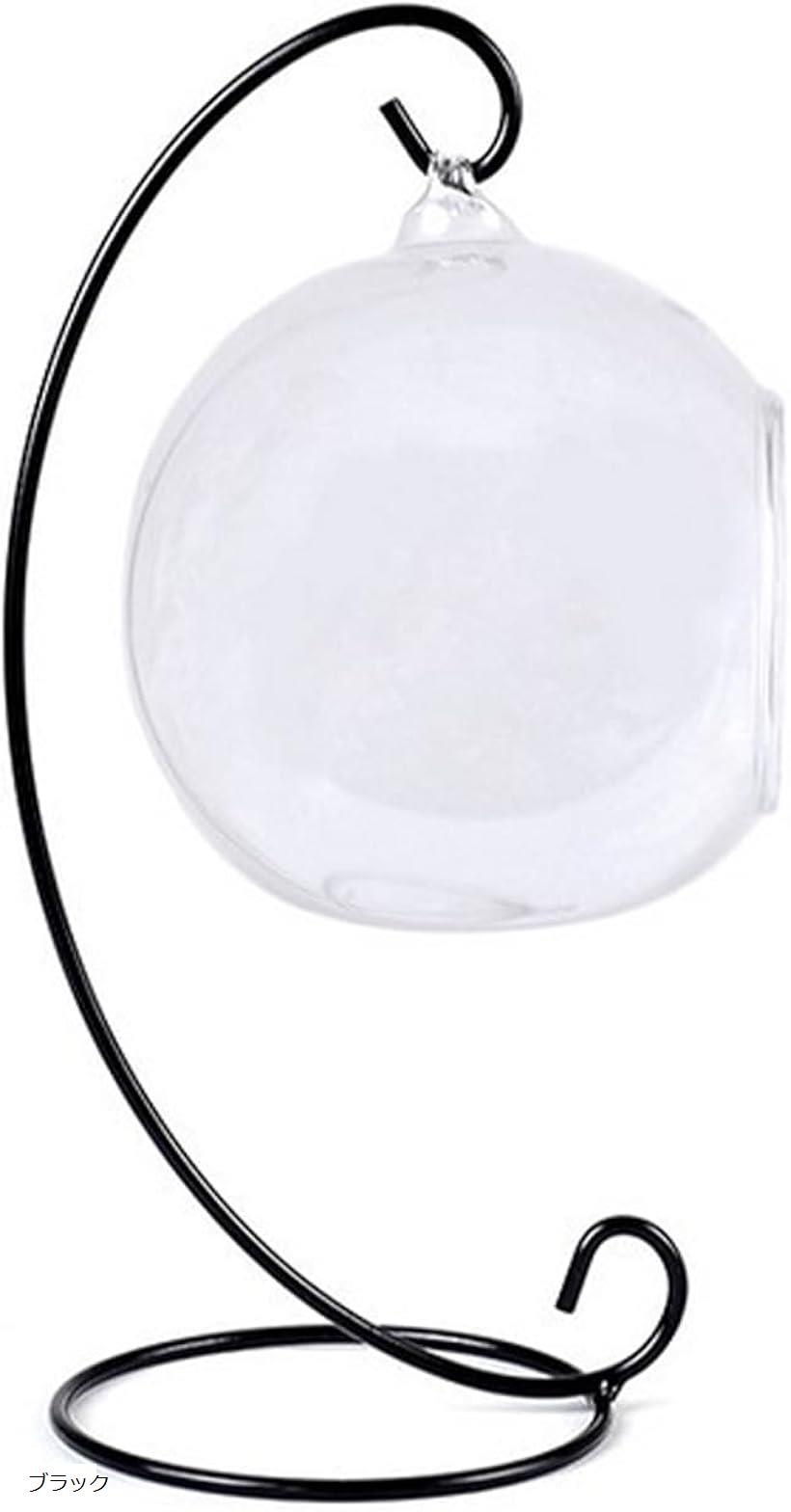 ガラス ボール 吊り下げ スタンド付き 植物 テラリウム パルダリウム アイアン フレーム クリア 花瓶 花器 観葉植物 小物 インテリア オブジェ ボウル 容器 ブラック (ブラック, 23x10x10cm)