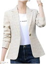 チェック柄ジャケット ボタン カジュアル ビジネス オフィス 面接 一つボタン 通勤 通学 明るい色 レディース(ベージュ, L)