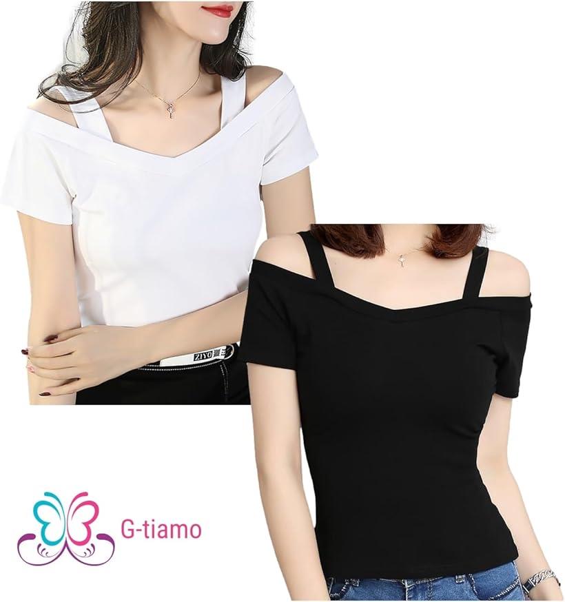 半袖シャツ オフショル Tシャツ レディース Vネック ショート丈 カットソー トップ...
