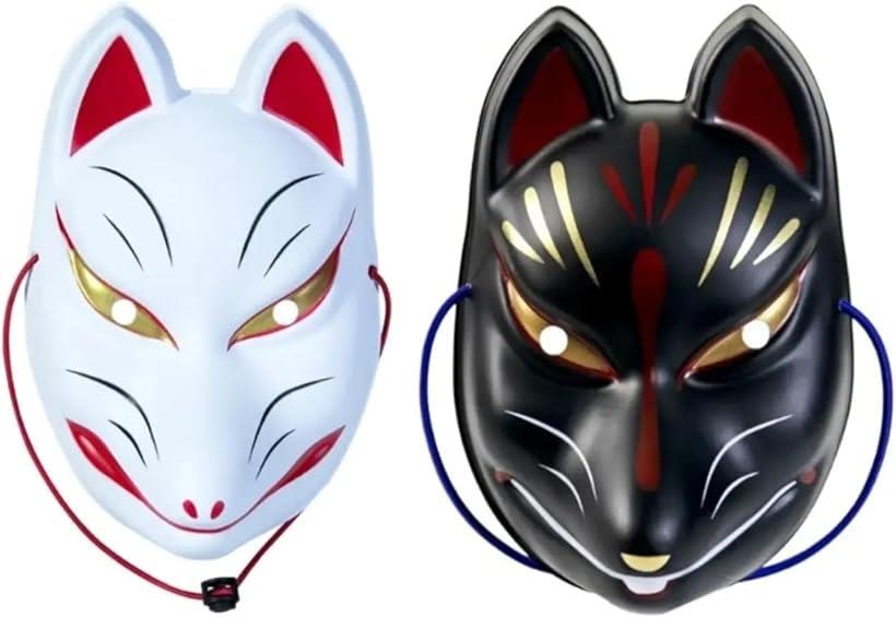 きつねの面 狐のお面 狐面 2枚セット きつねダンス キツネ ハロウィン コスプレ (ホワイト/ブラック)