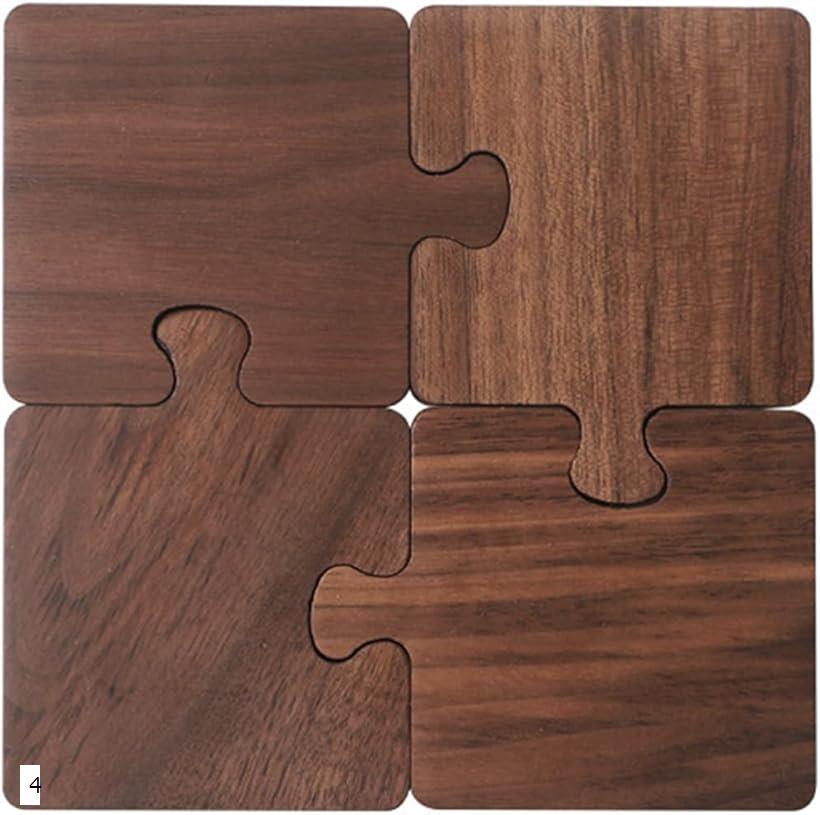 コースター 木製 4個セット パズル おしゃれ 北欧 インテリア 雑貨 ティー コーヒー お茶 カップ コップ敷き カフェ 来客 (ブラウン, 10x8x0.9cm)