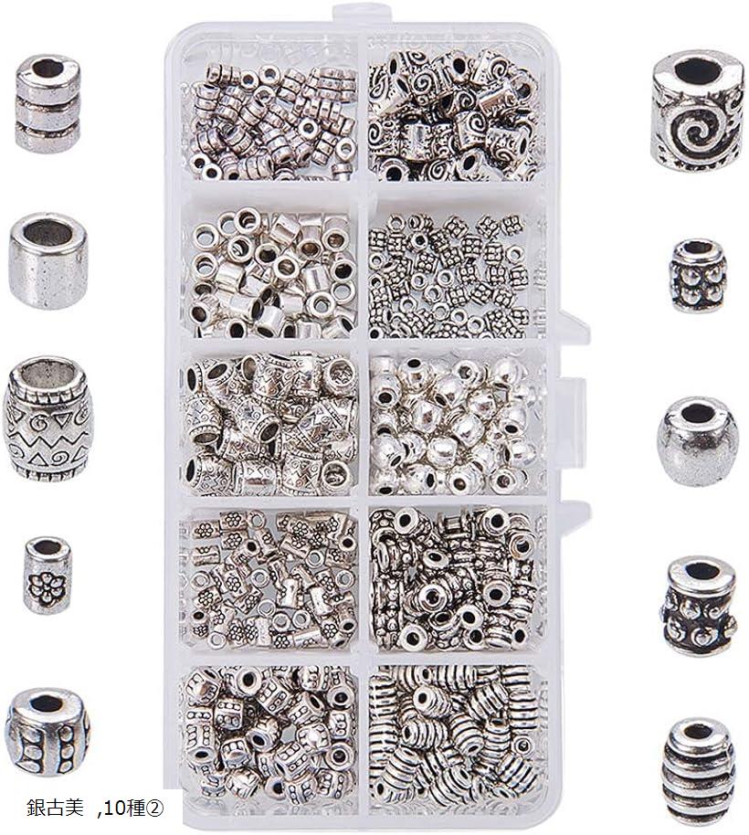 合金ビーズ 約500個/箱 10種セット スペーサービーズ 銀古美 アクセサリーパーツ ジュエリー用 手芸材料 アンティークシルバー (銀古美, 10種類)