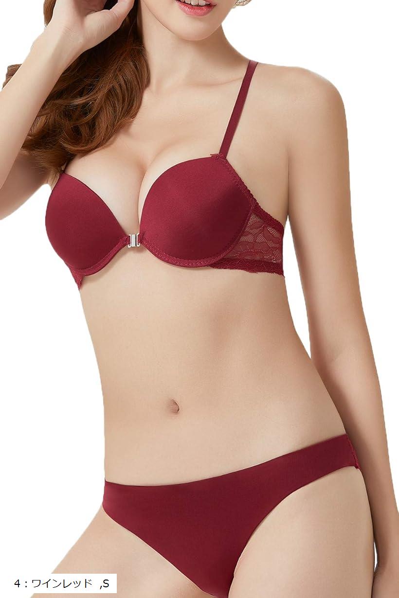 ブラジャー ショーツ 女性 下着 上下 セット フロントホック かわいい レース グラマー レディース 赤 紫 色 ワイン レッド S サイズ (4：ワインレッド, 1:Sサイズ゛)