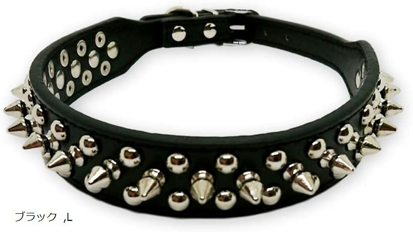 Leather （Large Dogs） - 犬の首輪 スタッズ ワイルド トゲトゲ 5穴 調節 可能 小型犬 中型犬 大型犬 猫 かわいい おしゃれ (ブラック, Lサイズ)