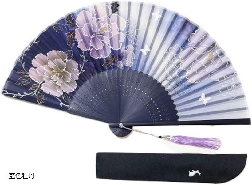 扇子 レディース 季節の花々 桜 桔梗 牡丹 蓮 扇子入れ 箱入り (藍色牡丹, フリー)