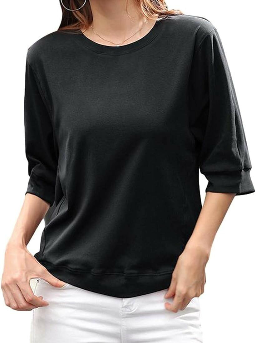 フィオリア カットソー Tシャツ 五分袖 ラウンドネック ストレッチ ゆったり トップス レディース FR38 ブラック XL (ブラック, XL)