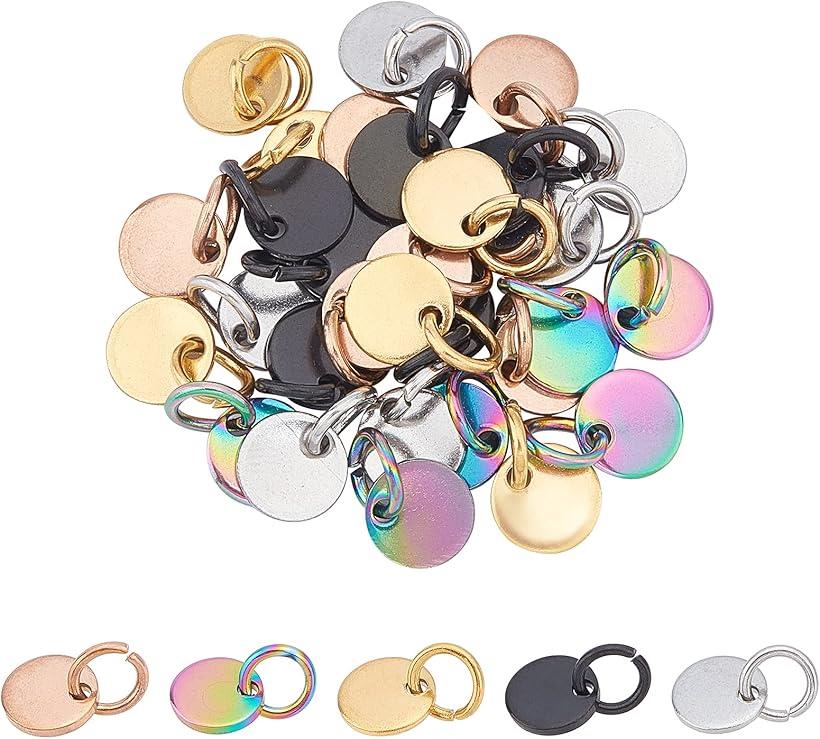 30個 5色 6mm ラウンドチャーム ステンレスチャーム タグチャーム マルカン付き ブランクタグペンダン..
