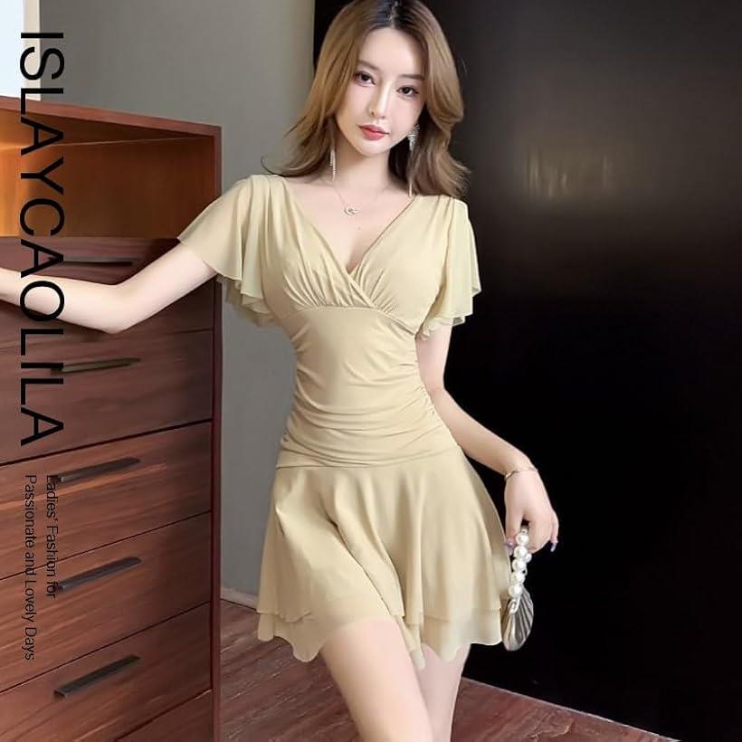 キャバドレス ミニドレス フリル ワンピース キャミソール フレア クラブ Vネック ノースリーブ ウエストマーク レディース EE6(ベージュ, S)