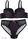 ぴゅありぼん プレミアム レース付き 水玉 ランジェリー 上下 セット(ブラック, B85/XL)