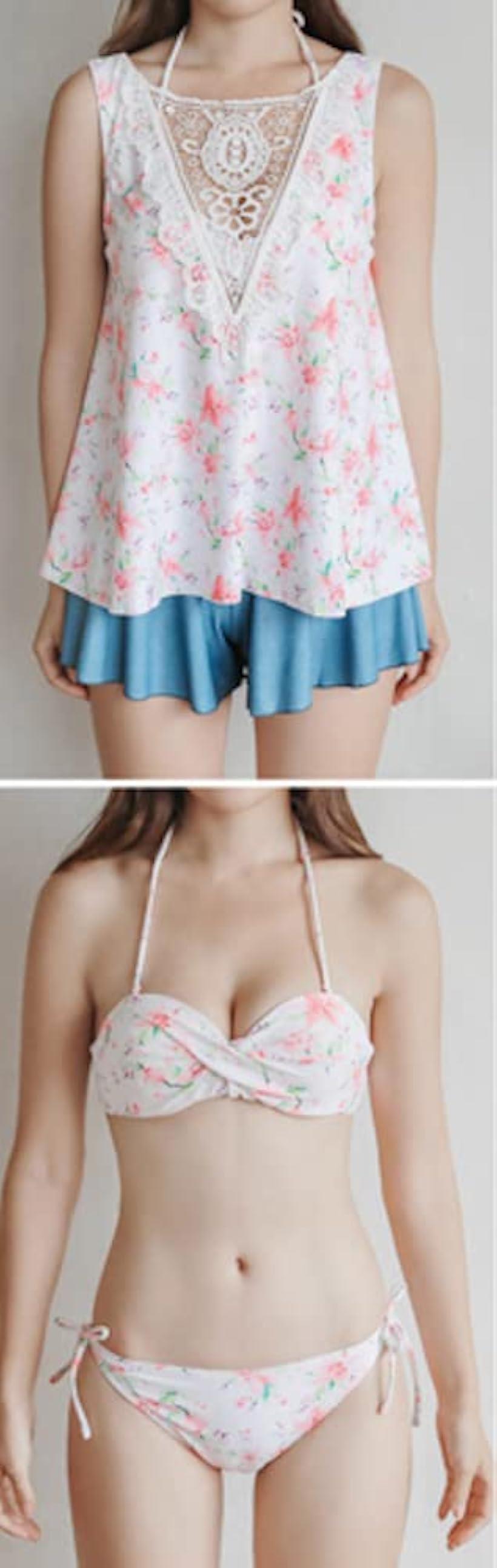 体型カバー カバーアップ 水着 4点セット タンキニ(白赤花・ブルーグレー, LL)