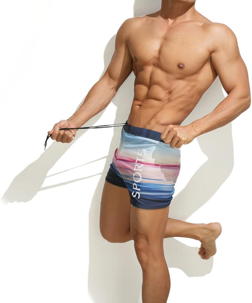 水着 ローライズ サーフパンツ ボクサー ボックス 海パン ショート 水泳 腰パン 股間パット付 メンズ(青、ピンク、白, L)