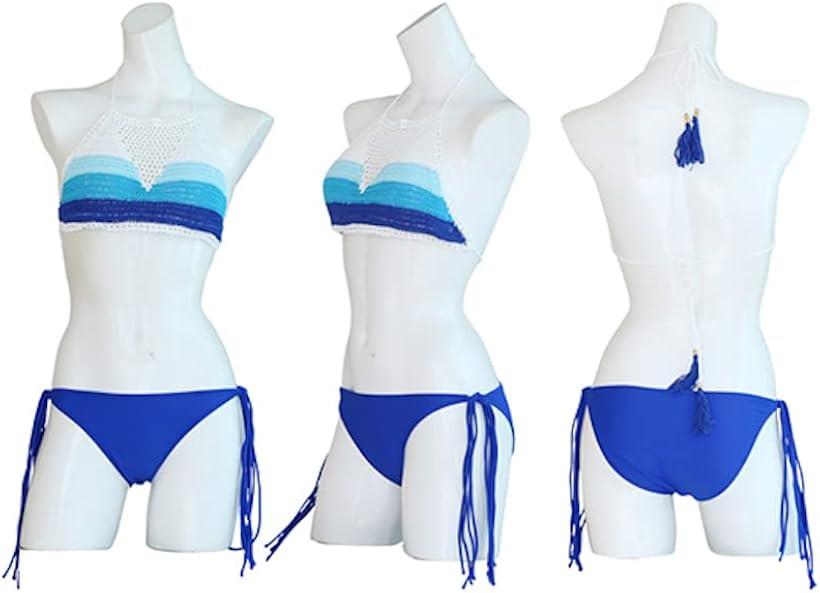 クロシェ編み ハイネック フリンジ付き ビキニセット ホワイト・ブルー(ホワイト/ブルー, L)