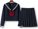 セーラー服 コスプレ 制服 長袖 プリーツスカート リボン 3点セット ネイビー S(ネイビー, 長袖 S)