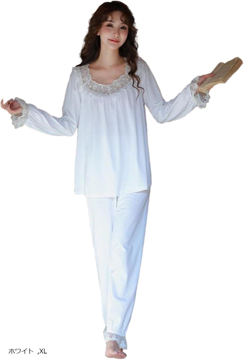 ココスピグミー 姫系 ネグリジェ プリンセス 長袖 無地 レース 綿 コットン パジャマ 上下セット レデ..