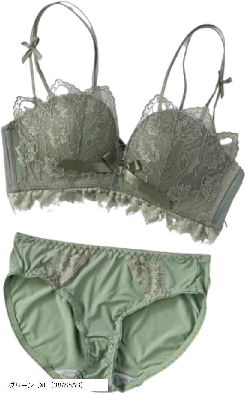ノンワイヤーブラ ショーツ セット ブラジャー 盛れる 脇高 レディース 下着 インナー 上下セット 大人可愛い セクシー ランジェリー 小胸 谷間 おしゃれ レース(グリーン, XL（38/85AB）)