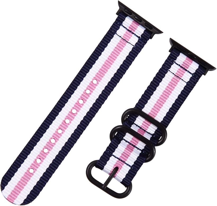互換品 Apple Watch 対応ベルト 時計バンド アップルウォッチ交換ストラップ(ネイビーxホワイトxピンクxホワイトxネイビー(黒バックル), 38mm/40mm/41mm)