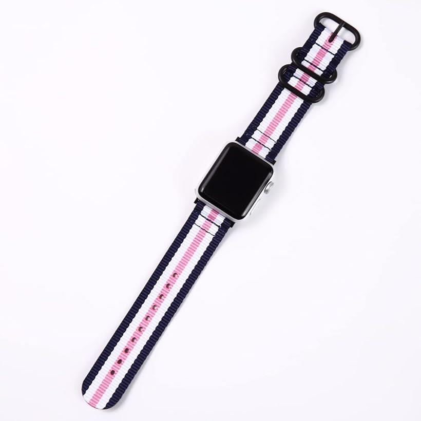 互換品 Apple Watch 対応ベルト 時計バンド アップルウォッチ交換ストラップ(ネイビーxホワイトxピンクxホワイトxネイビー(黒バックル), 38mm/40mm/41mm)