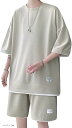 セットアップ メンズ ワッフル素材 上下セット Tシャツ ハーフパンツ レイヤード風(ベージュ, XL)