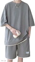 セットアップ メンズ ワッフル素材 上下セット Tシャツ ハーフパンツ レイヤード風(グレー, XL)