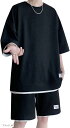 セットアップ メンズ ワッフル素材 上下セット Tシャツ ハーフパンツ レイヤード風(ブラック, M)(4)