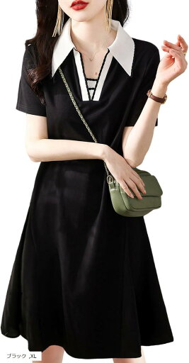 ビッグカラー ワンピース Aライン きれいめ カジュアル 半袖 膝丈 春 夏 秋 レディース(ブラック, XL) ビッグカラー ワンピース Aライン きれいめ カジュアル 半袖 膝丈 春 夏 秋 レディース(ブラック, XL)