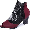 オープントゥ ブーツサンダル レース 透け 花柄 レディース(レッド, 23.5 cm)