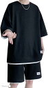 セットアップ メンズ ワッフル素材 上下セット Tシャツ ハーフパンツ レイヤード風(ブラック, XL)