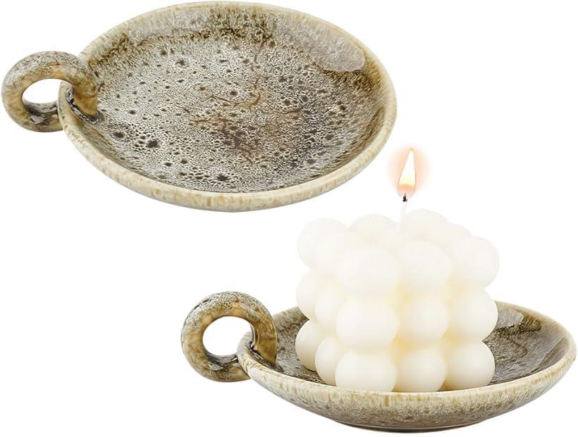 2個 セラミック燭台ホルダー 14.5x12.3x2.2～4.3cm ヴィンテージ燭台ホルダー キャンドルホルダー キャンドルスタンド 丸型キャンドルホルダートレイ パーティー 結婚式 フレグランスデコレーション