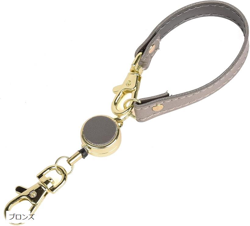 リールストラップ 伸びるキーホルダー リール付きストラップ パスケース 鍵 定期入れ 用 リールキーホルダー 革 かわいい ブロンズ (ブロンズ, Free Size)