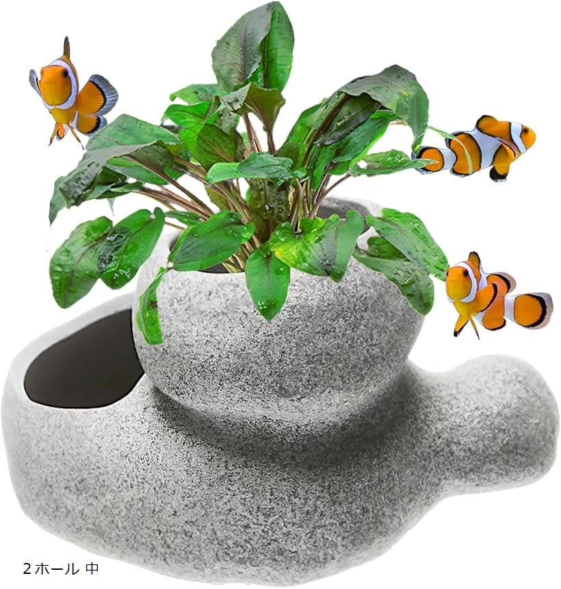 水槽 水草 鉢 ソイル 砂 付き 水槽ポット アクアリウム 石 オブジェ メダカ 熱帯魚 2ホール  ...