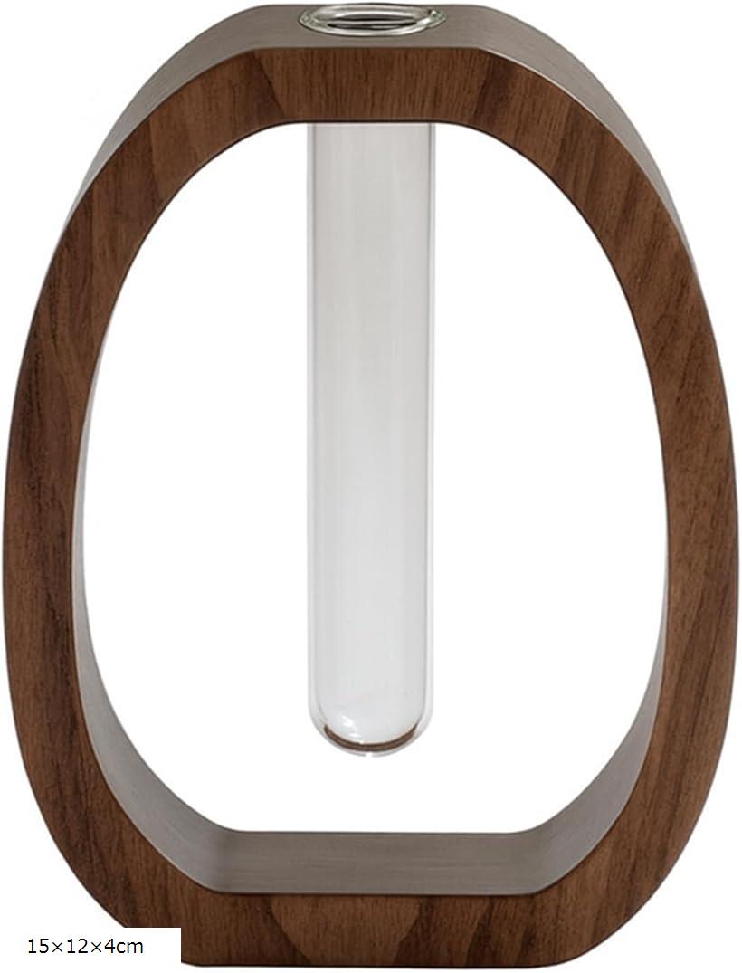 一輪挿し ポット 木製 スタンド 花瓶 容器 水耕栽培 観葉植物 フラワーベース おしゃれ ミニ 生け花 試験管 ガラス 卓上 テーブル デスク インテリア 玄関 リビング 装飾 飾り (ブラウン, 15x12x4cm)