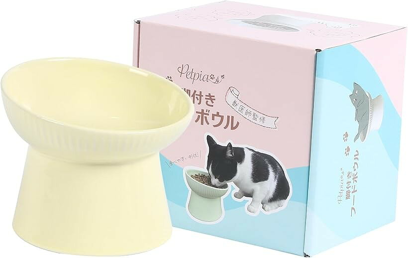 猫 皿 食器 御飯皿 餌皿 餌入れ フードボウル 脚付き 磁器製 200ml 15度の傾斜 吐き戻し防止 イエロー (イエロー)