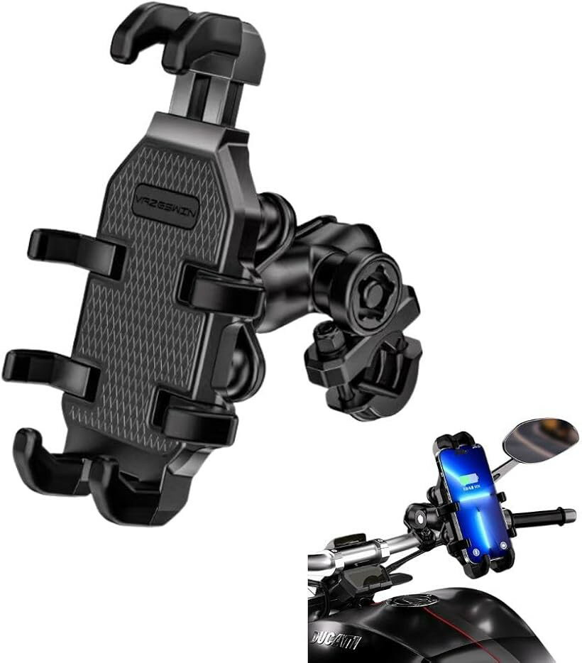 互換品 バイク スマホホルダー 振動吸収 防盗ロック 8爪固定 360度回転 シリコン滑り止め 原付 スクーター ハンドル径25.4mm 幅4.5～8.8cm iPhone Android対応 (ブラック)
